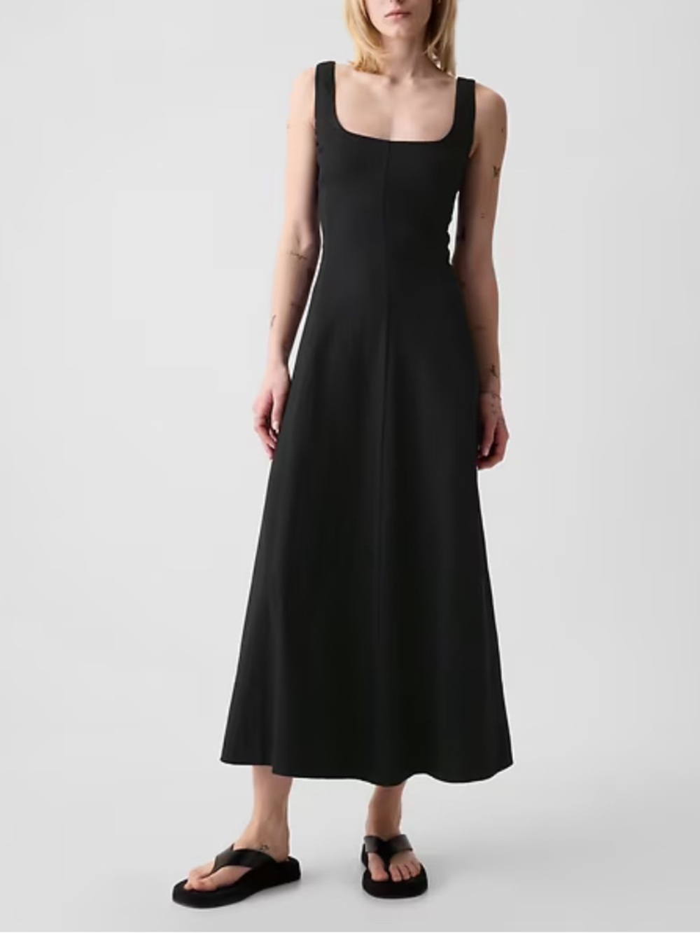 GAP Black Square-Neck Linen-Blend Midi Skirted Dress